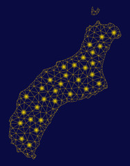 Bright yellow mesh Niihau Island map with lightspot effect. Wire carcass triangular network in vector EPS10 format on a dark black background. Abstract 2d mesh designed with triangular lines, points,