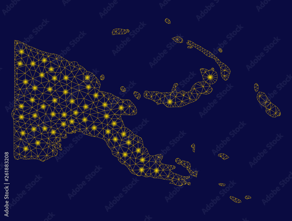 Poster bright yellow mesh papua new guinea map with glow effect. wire carcass polygonal mesh in vector eps1