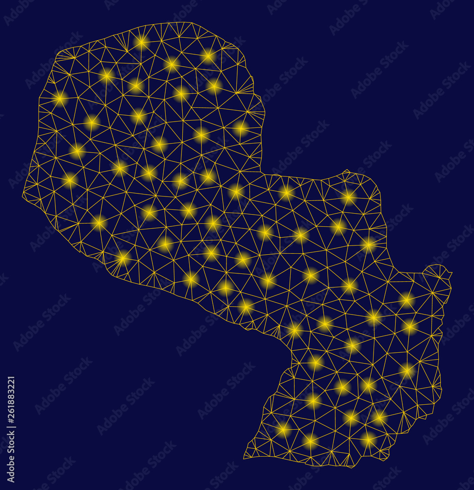 Poster bright yellow mesh paraguay map with glare effect. wire frame polygonal mesh in vector eps10 format 