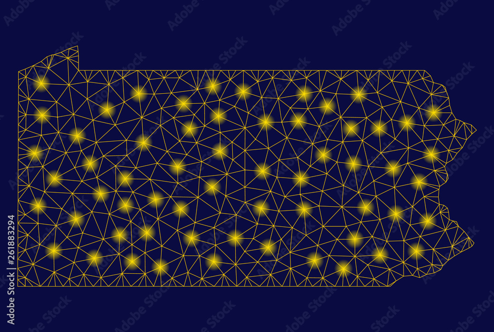 Poster bright yellow mesh pennsylvania state map with glare effect. wire carcass polygonal network in vecto