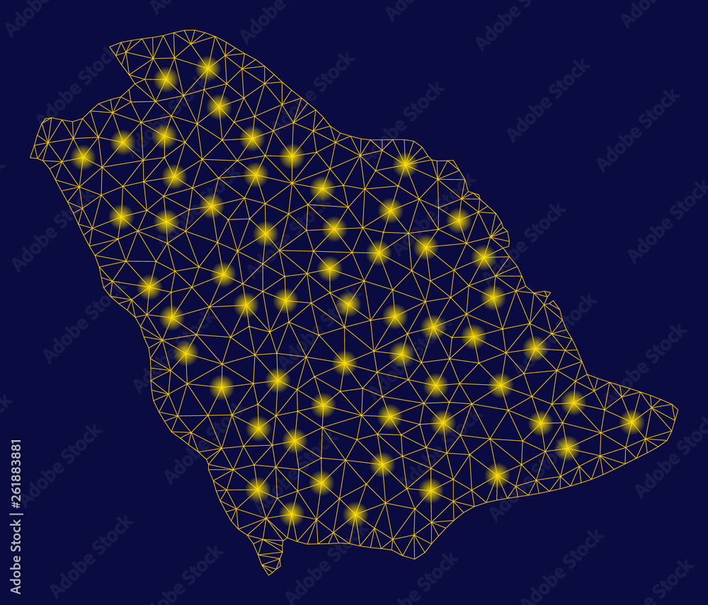 Poster bright yellow mesh saudi arabia map with glare effect. wire carcass polygonal mesh in vector eps10 f
