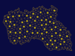Bright yellow mesh Santa Maria Island map with lightspot effect. Wire frame polygonal network in vector EPS10 format on a dark black background. Abstract 2d mesh built from polygonal grid,