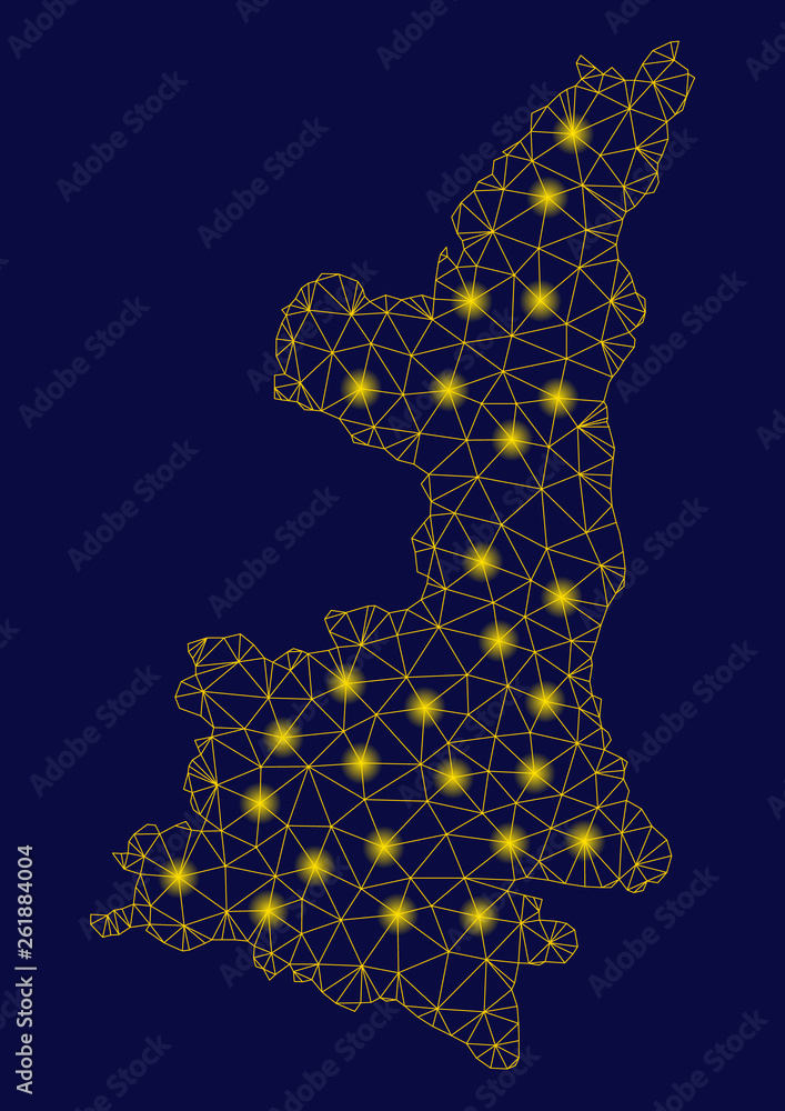 Poster bright yellow mesh shaanxi province map with lightspot effect. wire carcass polygonal mesh in vector