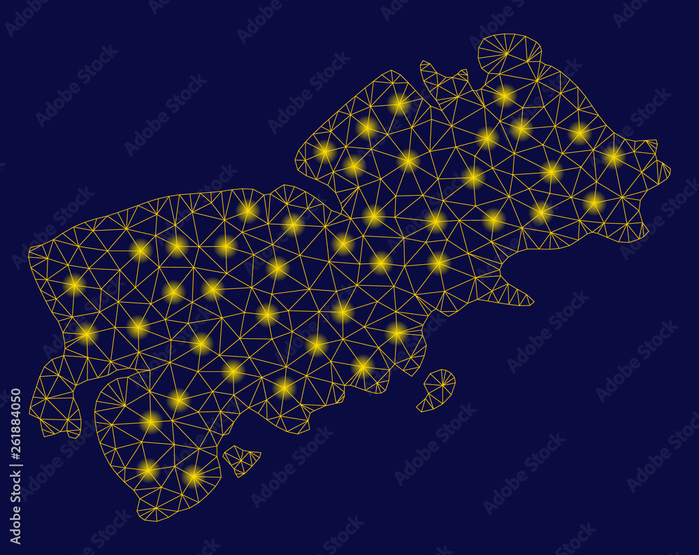Poster bright yellow mesh shikotan island map with glow effect. wire carcass polygonal mesh in vector eps10