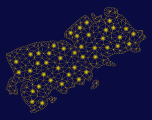 Bright yellow mesh Shikotan Island map with glow effect. Wire carcass polygonal mesh in vector EPS10 format on a dark black background. Abstract 2d mesh designed with polygonal grid, points,