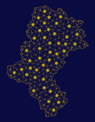 Bright yellow mesh Silesian Voivodeship map with glow effect. Wire carcass polygonal mesh in vector EPS10 format on a dark black background. Abstract 2d mesh created from polygonal grid, dots,