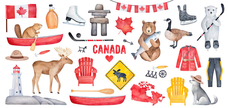 Big Canada Set with various symbols like national flag, maple syrup bottle, lighthouse, hockey skates. Handdrawn watercolour paint on white background, cutout clipart for creative design decoration.