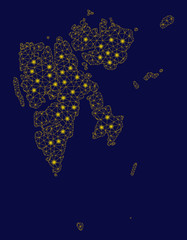 Bright yellow mesh Svalbard Island map with glare effect. Wire frame triangular mesh in vector EPS10 format on a dark black background. Abstract 2d mesh designed with triangular lines, small circle,