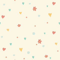 Cute hand drawn seamless pattern with hearts and flowers in retro colors