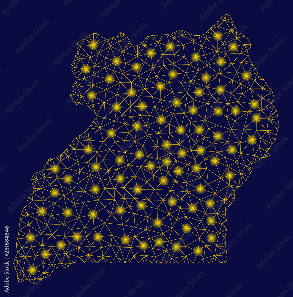 Aufkleber bright yellow mesh uganda map with glow effect. wire carcass polygonal mesh in vector eps10 format o