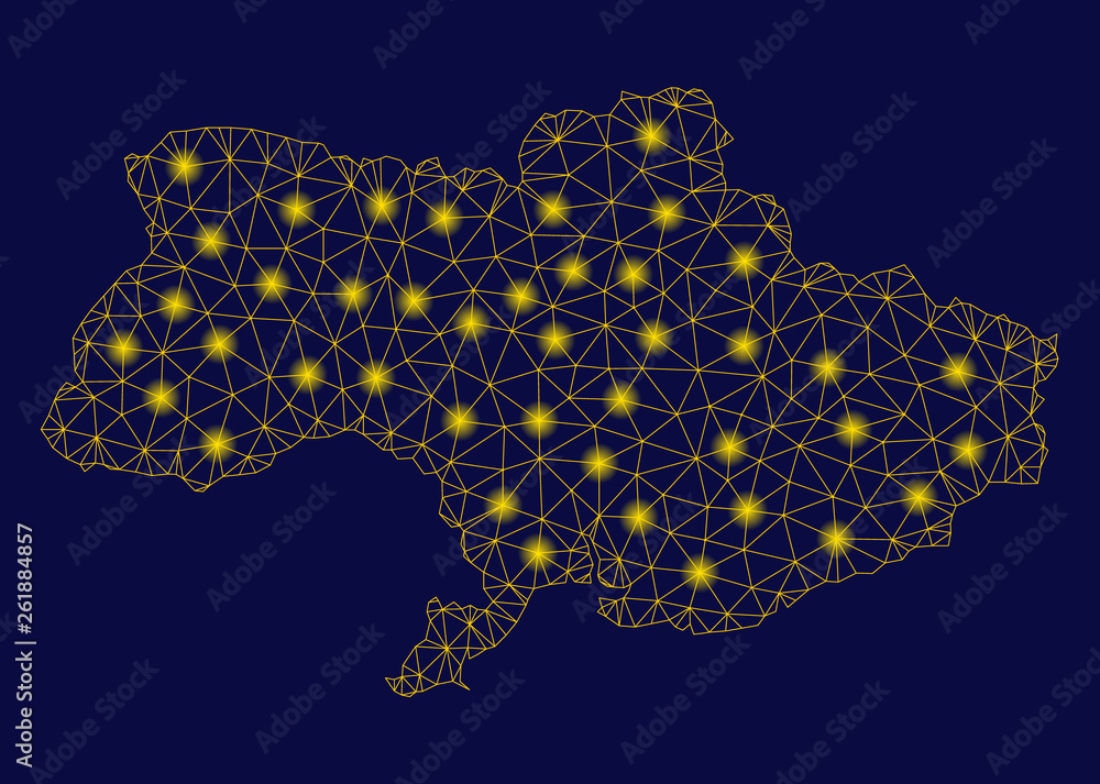 Poster bright yellow mesh ukraine map with glare effect. wire carcass polygonal mesh in vector eps10 format