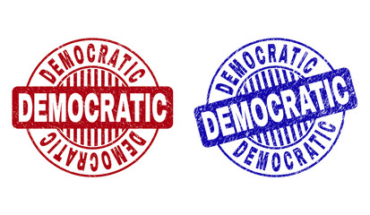 Grunge DEMOCRATIC round stamp seals isolated on a white background. Round seals with grunge texture in red and blue colors. Vector rubber watermark of DEMOCRATIC title inside circle form with stripes.