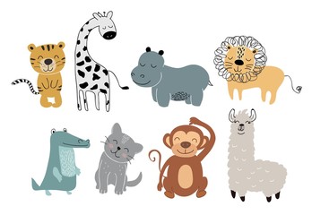 Fototapeta premium cute animals set. childish vector illustration scandinavian stylr design concept for card,kids clothes,baby shower