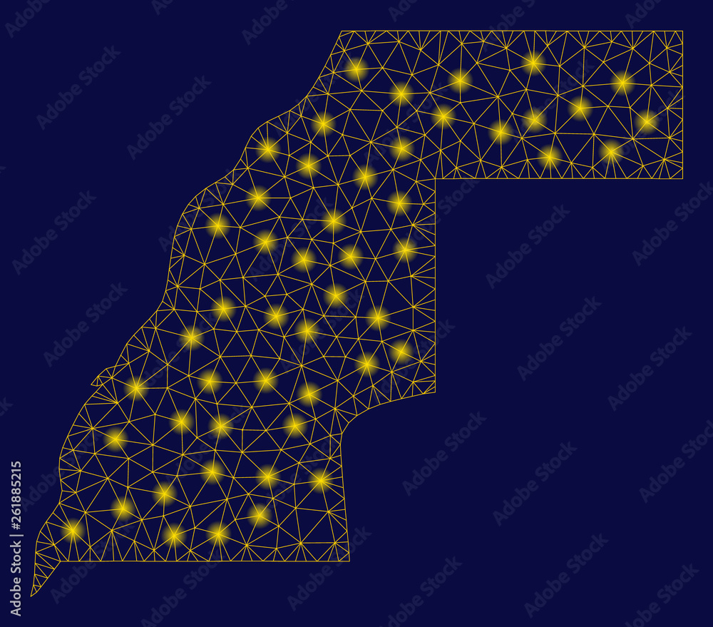 Poster bright yellow mesh western sahara map with lightspot effect. wire carcass polygonal mesh in vector e