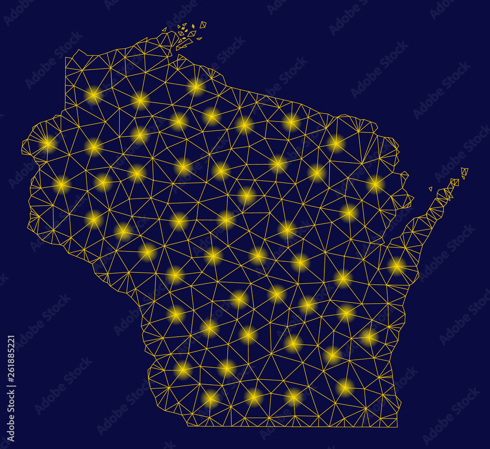 Poster bright yellow mesh wisconsin state map with lightspot effect. wire frame polygonal mesh in vector ep