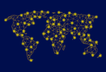Bright yellow mesh world map with glow effect. Wire carcass triangular mesh in vector EPS10 format on a dark black background. Abstract 2d mesh designed with triangular lines, spheric points,