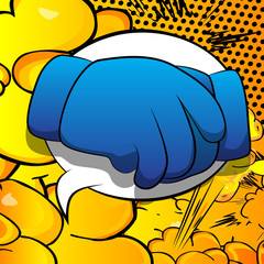 Vector cartoon hands making handshake. Illustrated hand sign on comic book background.