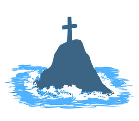 Cross on rock in the sea - blue simply vector