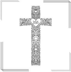 Doodle decor cross wirh heart in the center and word Jesus
