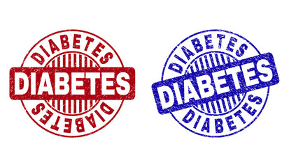 Grunge DIABETES round stamp seals isolated on a white background. Round seals with grunge texture in red and blue colors. Vector rubber watermark of DIABETES caption inside circle form with stripes.