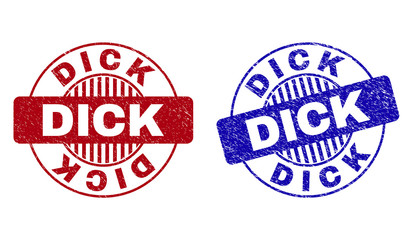 Grunge DICK round stamp seals isolated on a white background. Round seals with grunge texture in red and blue colors. Vector rubber imprint of DICK label inside circle form with stripes.