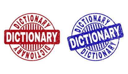 Grunge DICTIONARY round stamp seals isolated on a white background. Round seals with grunge texture in red and blue colors. Vector rubber imitation of DICTIONARY tag inside circle form with stripes.