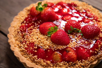 Delicious strawberry cake on the table