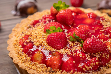 Delicious strawberry cake on the table