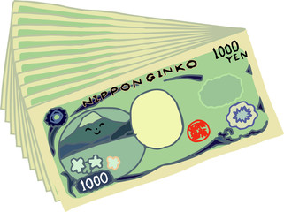 Backside Bunch of Cute hand-painted Japanese 1000 yen note