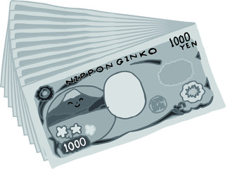 Monochrome Backside Bunch of Cute hand-painted Japanese 1000 yen note 