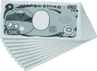 Monochrome Backside Bunch of Cute hand-painted Japanese 1000 yen note 
