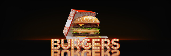 hamburger with neon sign. 3d rendering
