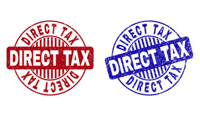 Grunge DIRECT TAX round stamp seals isolated on a white background. Round seals with grunge texture in red and blue colors. Vector rubber overlay of DIRECT TAX title inside circle form with stripes.