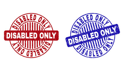 Grunge DISABLED ONLY round stamp seals isolated on a white background. Round seals with distress texture in red and blue colors.