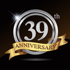 39th anniversary logo, with shiny silver ring and gold ribbon isolated on black background. vector design for birthday celebration.