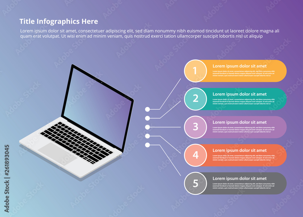 Aufkleber laptop infographics with isometric style and 5 point bullets description with various color - vector