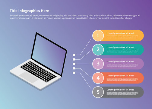 Laptop Infographics With Isometric Style And 5 Point Bullets Description With Various Color - Vector