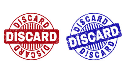 Grunge DISCARD round stamp seals isolated on a white background. Round seals with grunge texture in red and blue colors. Vector rubber imitation of DISCARD caption inside circle form with stripes.