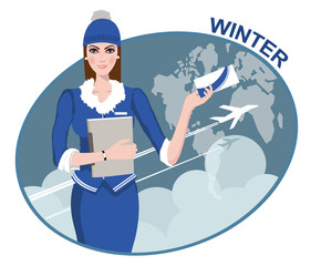 Winter concept : Air hostess holding ticket to the flight, presenting her company's services