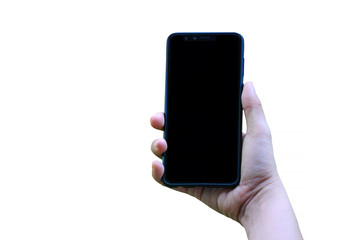 Close up woman hand holding modern black smartphone mock up in vertical position with blank screen isolated on white background. Clipping path inside.