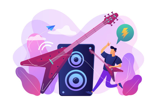 Guitarist playing the electric guitar at concert, tiny people. Rock music style, rock and roll party, rock music festival concept. Bright vibrant violet vector isolated illustration