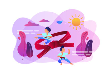 Fototapeta na wymiar Young athletes doing karate outside at summer camp and big belt, tiny people. Karate camp, kids boxing club, fighting sport section concept. Bright vibrant violet vector isolated illustration