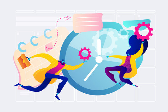 Time management, effective time spending, time planning concept. Vector isolated concept illustration with tiny people and floral elements. Hero image for website.