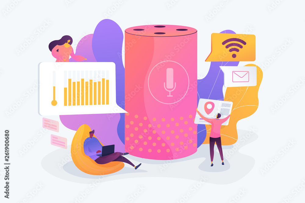 Poster smart office controller and voice commands, voice controlled office digital devices and iot concept.