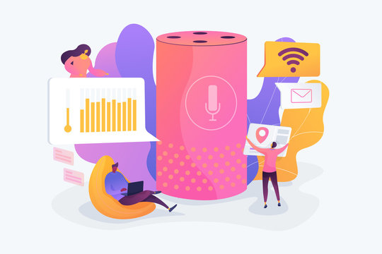 Smart office controller and voice commands, voice controlled office digital devices and Iot concept. Vector isolated concept illustration with tiny people and floral elements. Hero image for website.