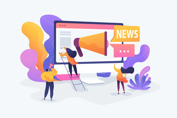 Social media, news tips, IoT and smart city concept. Vector isolated concept illustration with tiny people and floral elements. Hero image for website.