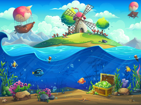 Undersea world with grinder on the island