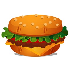 Big burger with cutlet of beef meat, melted cheese, leaf of lettuce and tomato isolated on white background. Vector cartoon close-up illustration. Furniture in the form of food.