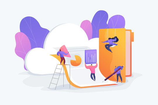 Cloud collaboration technology, remote business management, wireless computing service concept. Vector isolated concept illustration with tiny people and floral elements. Hero image for website.