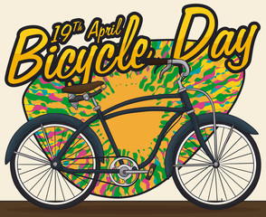 Retro Bike over Psychedelic Colorful Sign to Commemorate Bicycle Day, Vector Illustration